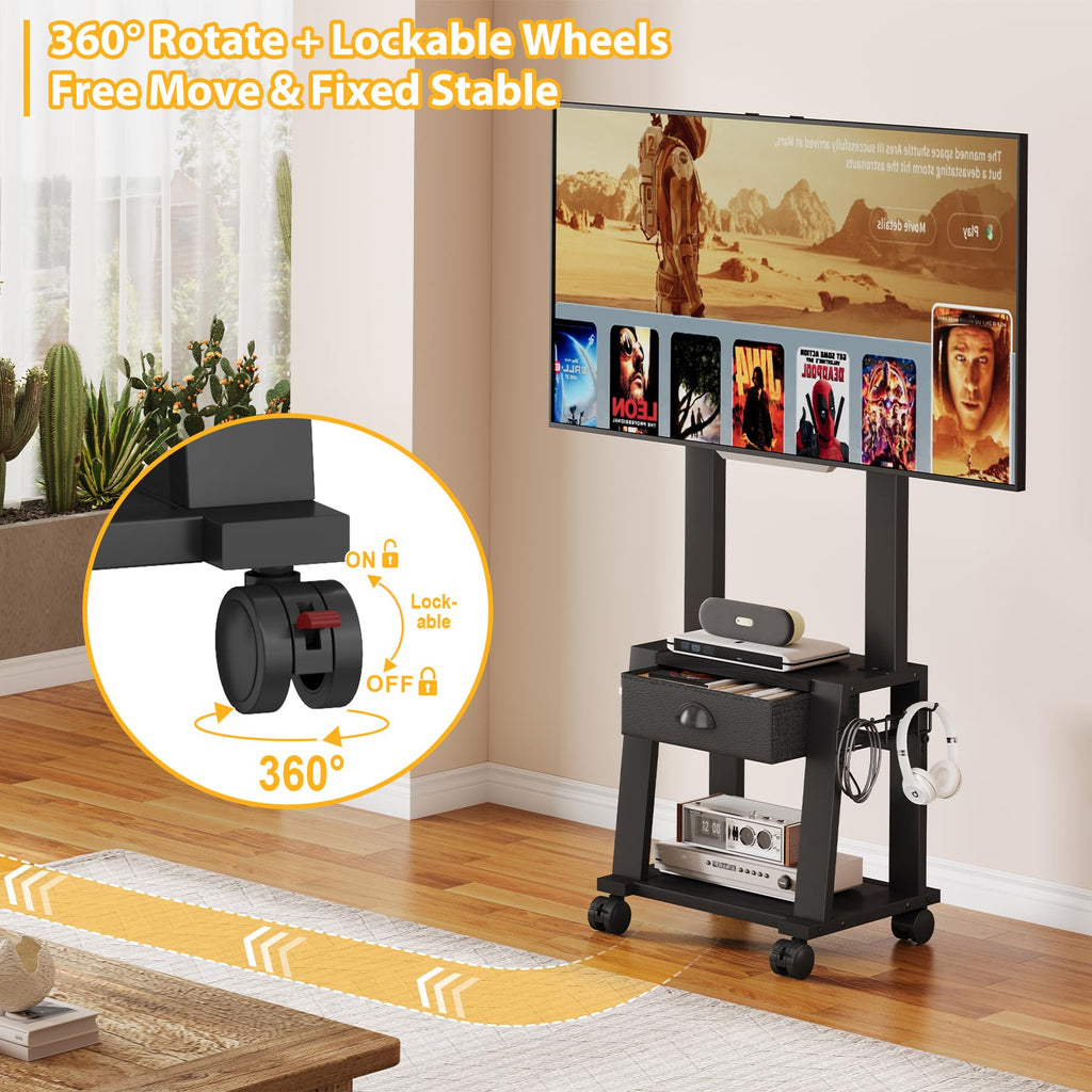 Rolling TV Stand with Storage for 23-60 Inch TVs, Height Adjustable Tilt Mobile TV Mount Cart with Drawer & 2 Shelves T9978