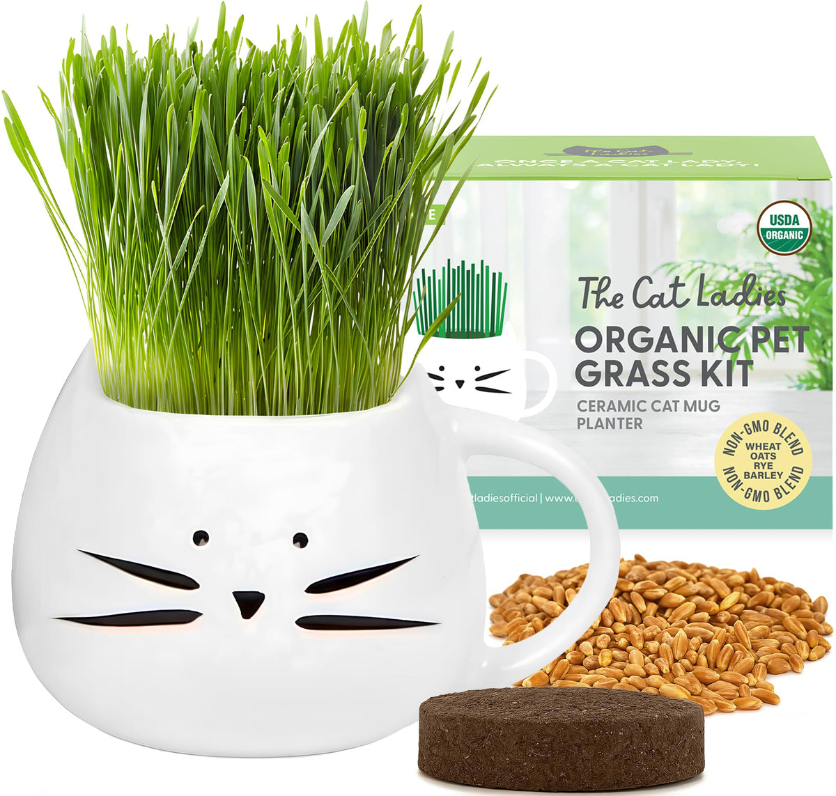 Organic Cat Grass Growing Kit with Seed Mix Soil and White Planter D970827