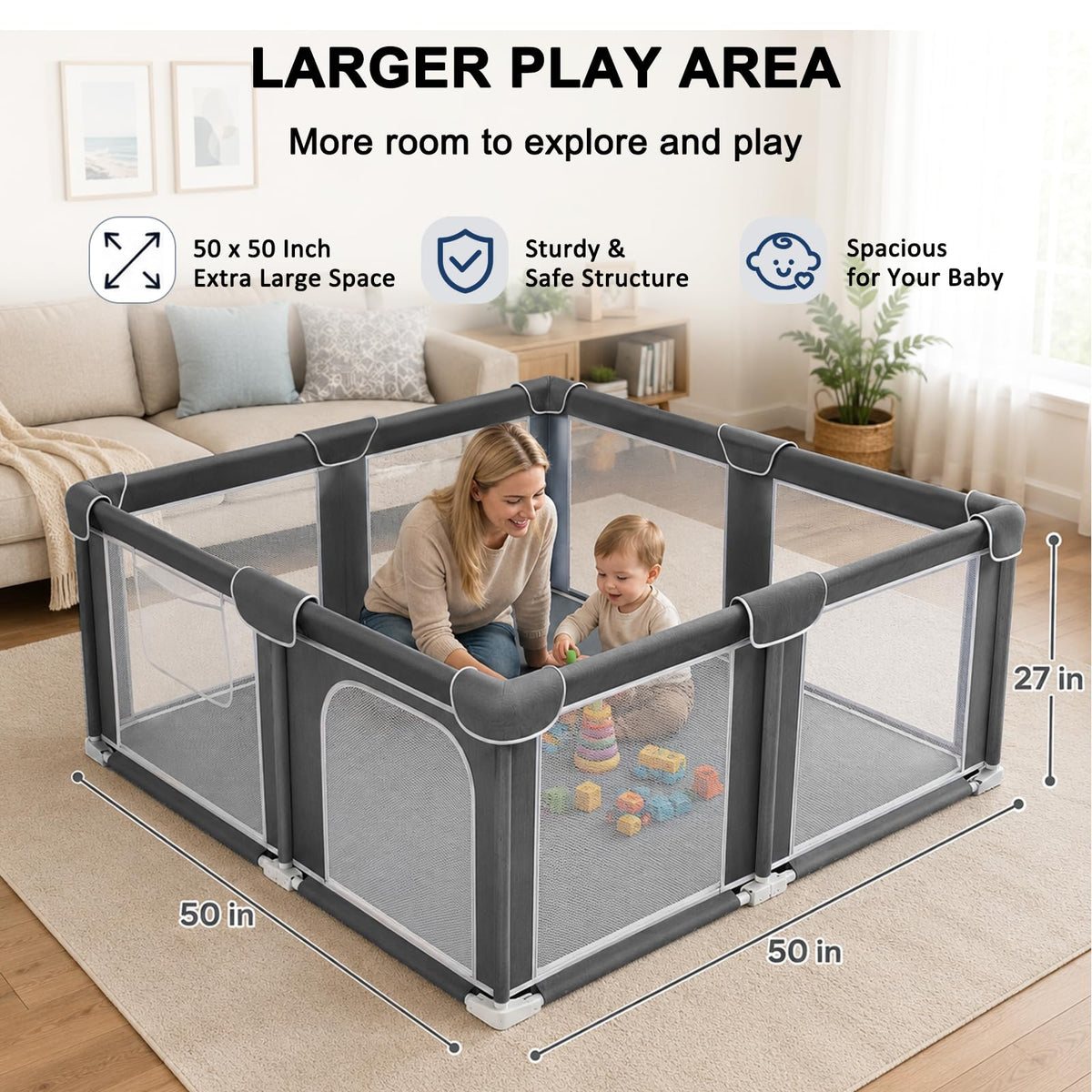 Foldable Playpen for Babies and Toddlers, 50"x50" Play Yard with Mat L6122