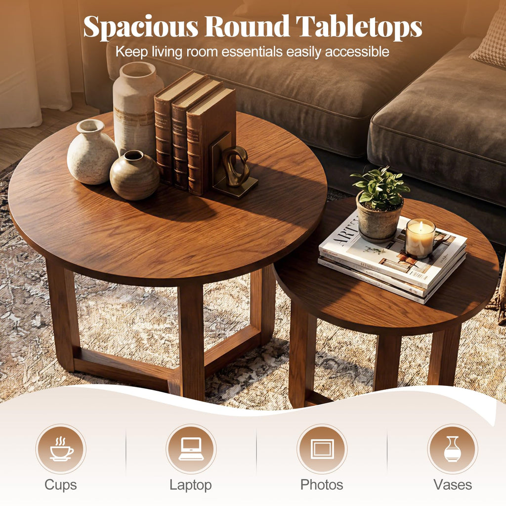 Round Nesting Coffee Table Set of 2 Wood Walnut T79202