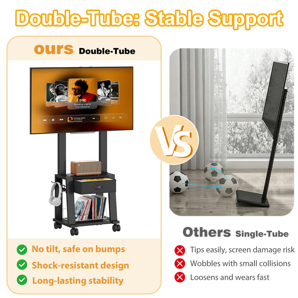 Rolling TV Stand with Storage for 23-60 Inch TVs, Height Adjustable Tilt Mobile TV Mount Cart with Drawer & 2 Shelves T9978