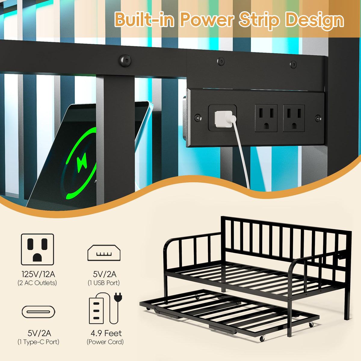 Black Twin to King Metal Daybed with Pop Up Trundle S94512