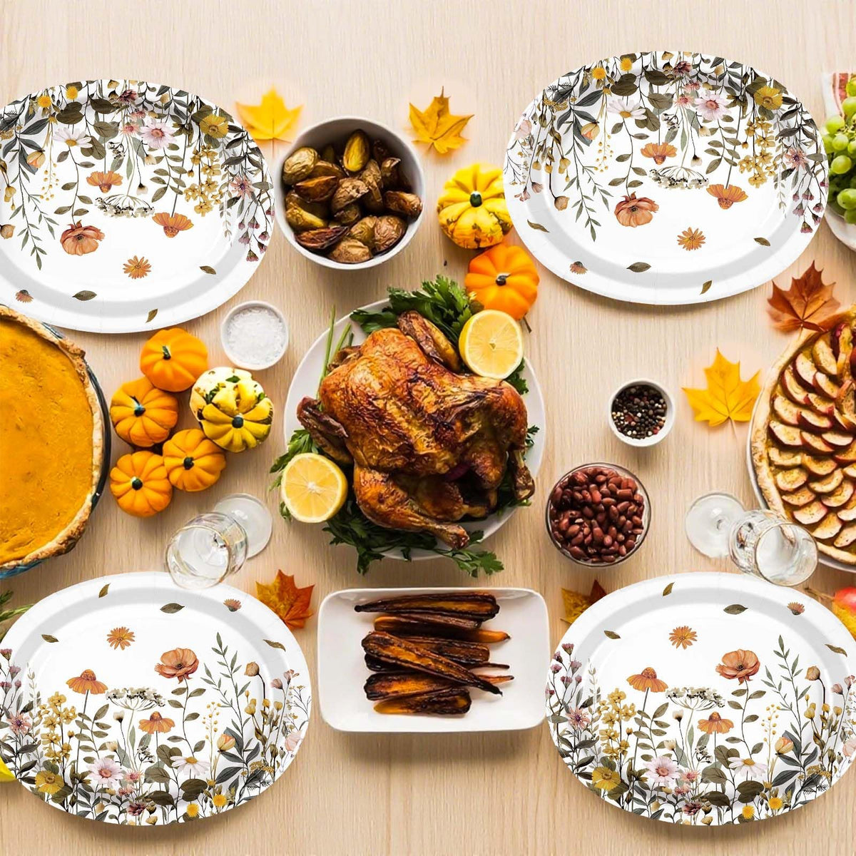 50Pcs Fall Oval Paper Plates 10" x 12" Heavy Duty Disposable Platters E3303