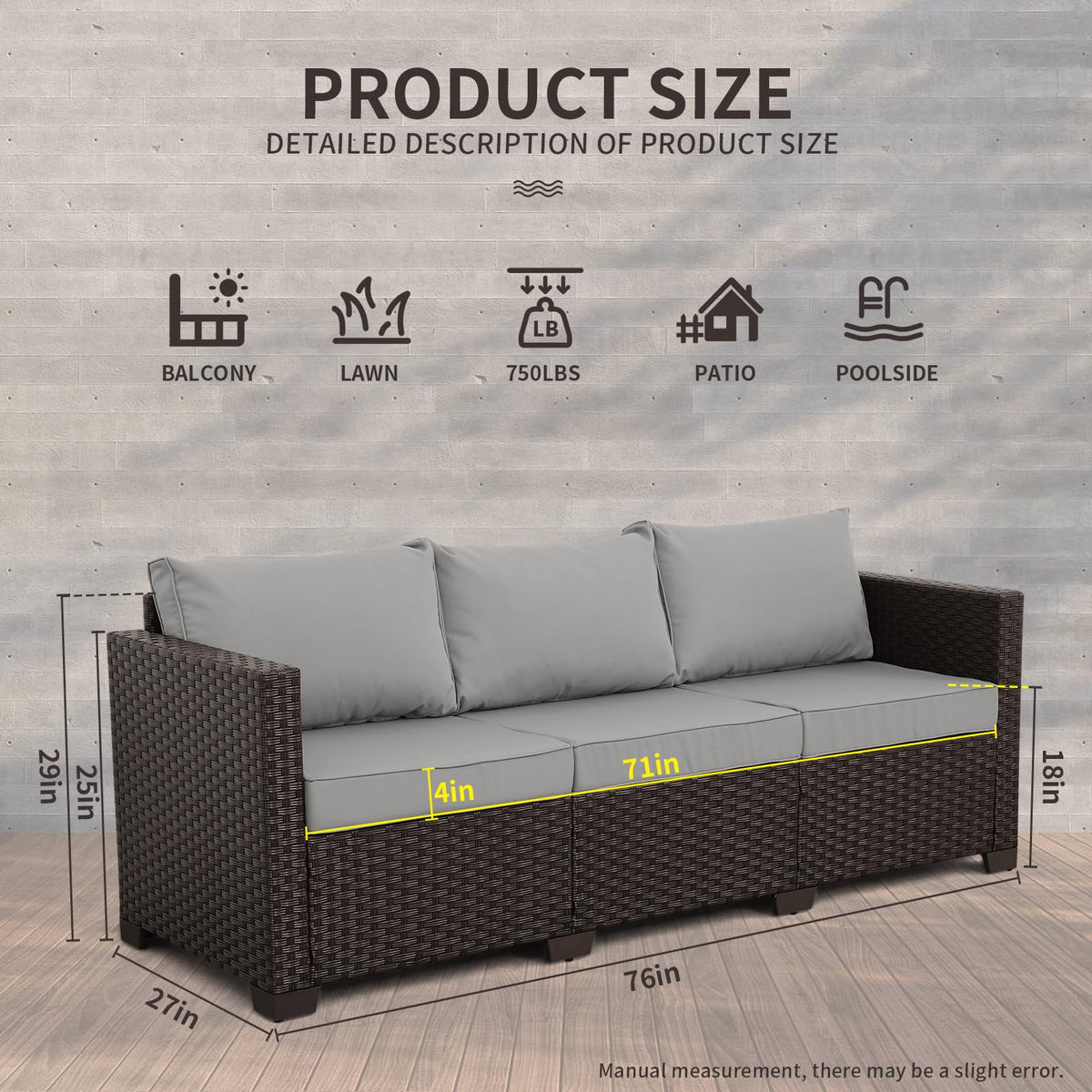 Brown Wicker 3-Seat Outdoor Sofa with Grey Cushion T876890