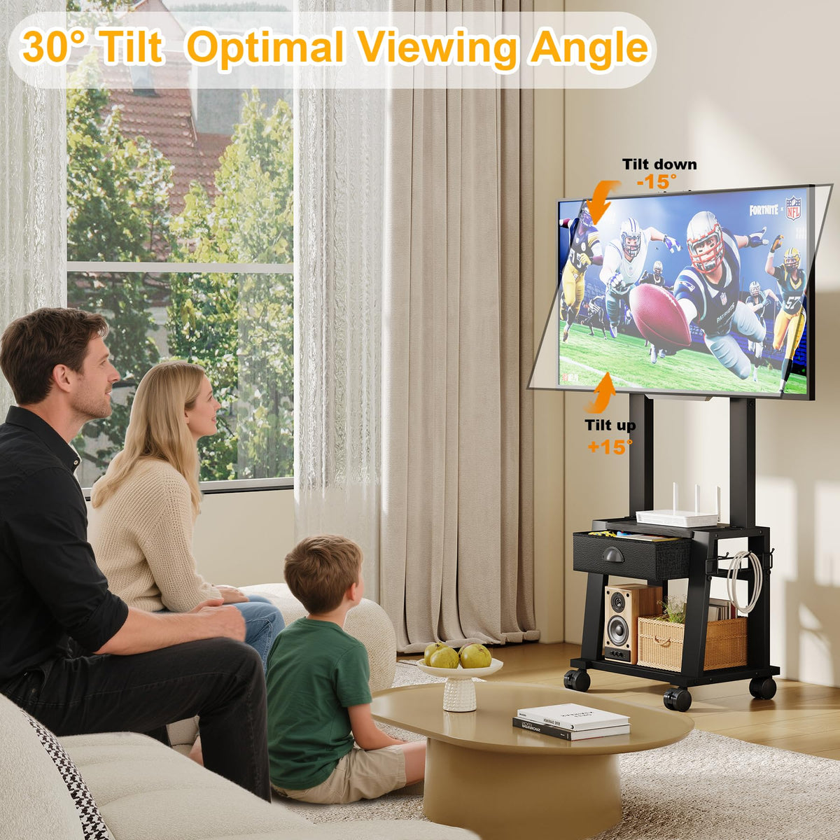 Rolling TV Stand with Storage for 23-60 Inch TVs, Height Adjustable Tilt Mobile TV Mount Cart with Drawer & 2 Shelves T9978