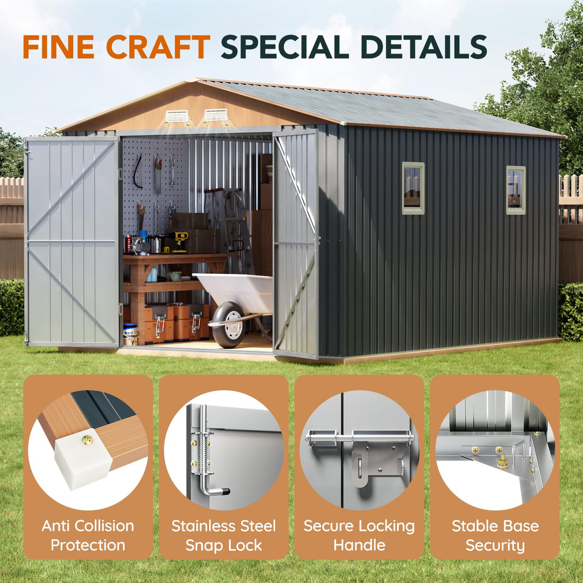 10x12x7.4FT Outdoor Storage Shed with Lockable Doors M6564