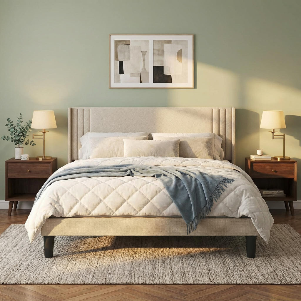 Queen Upholstered Platform Bed with Wingback Headboard I18517