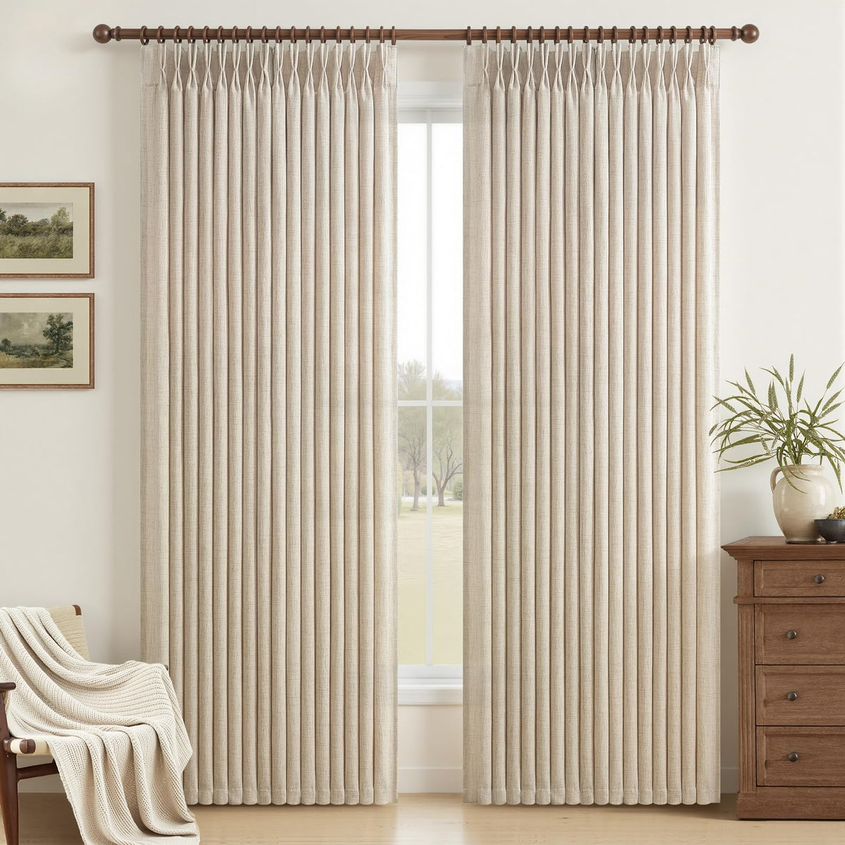 Natural Linen Pleated Curtains 86 Inches Long 50 Inch Wide 2 Panels Set D1979