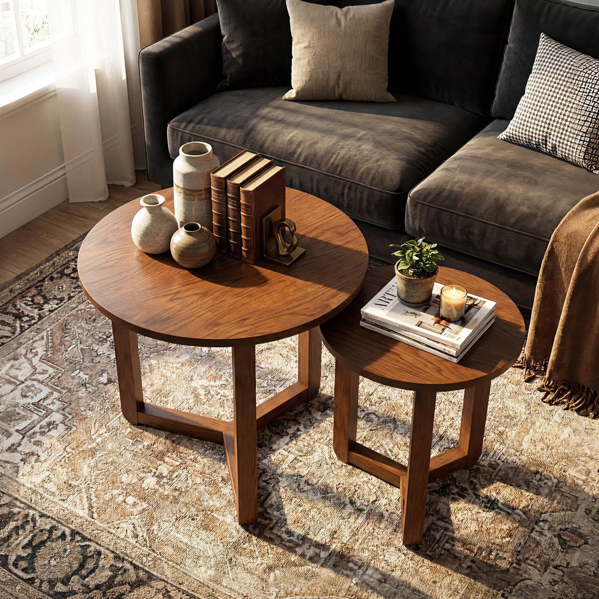 Round Nesting Coffee Table Set of 2 Wood Walnut T79202