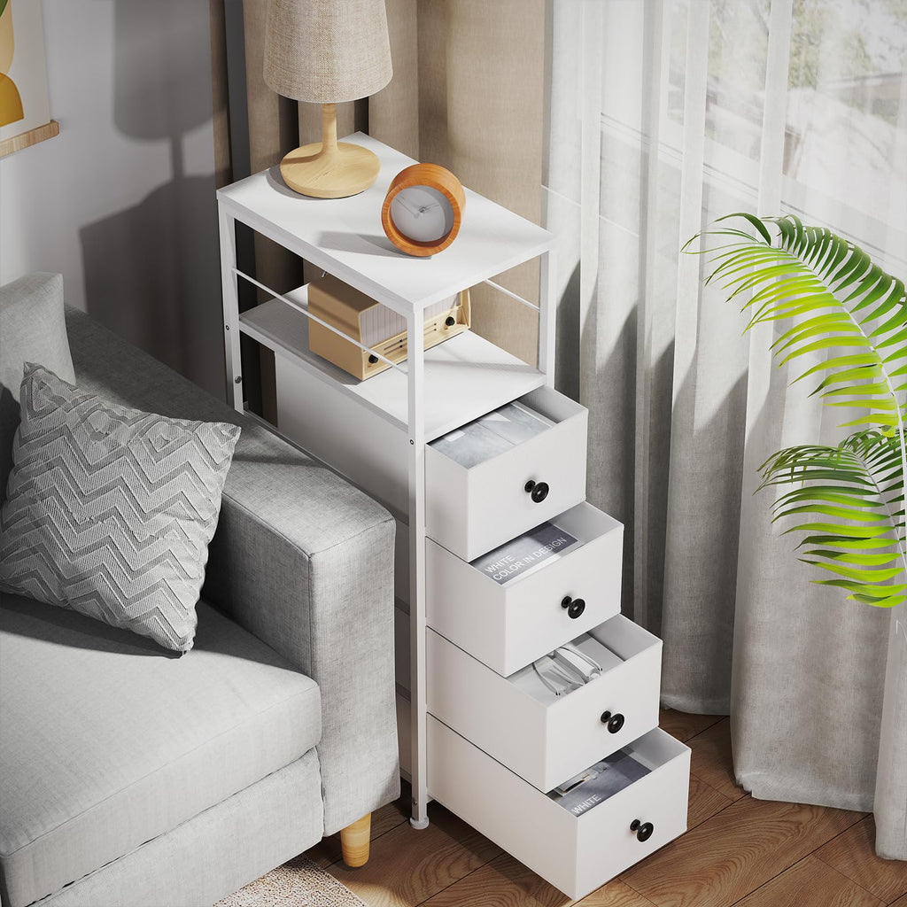 White Narrow Dresser with 4 Fabric Drawers W709