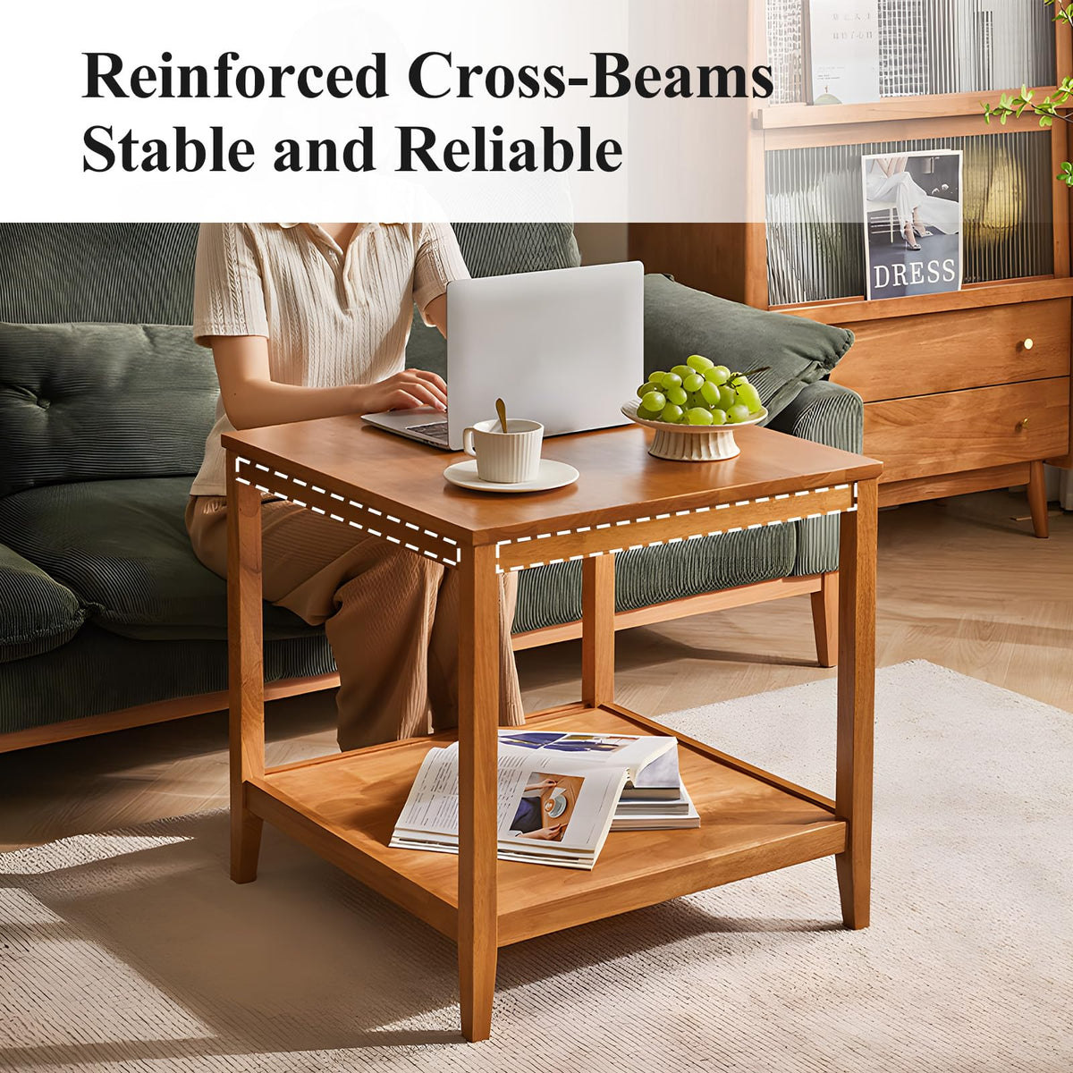 Solid Wood Square Side Table with Storage Shelf A811028