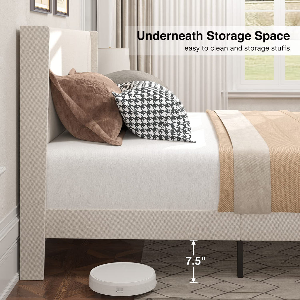 Queen Upholstered Platform Bed with Wingback Headboard I18517