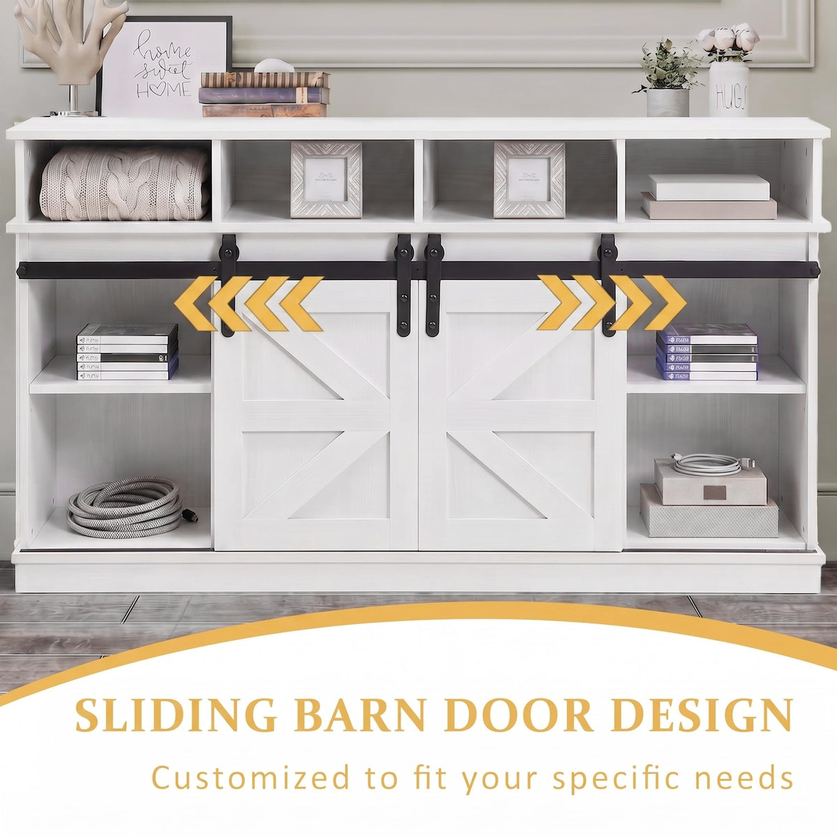 White Farmhouse TV Stand with Sliding Barn Doors C207819