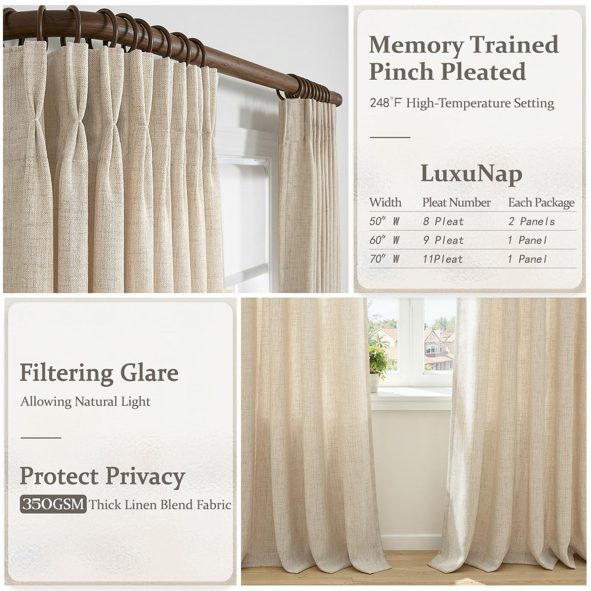 Natural Linen Pleated Curtains 86 Inches Long 50 Inch Wide 2 Panels Set D1979
