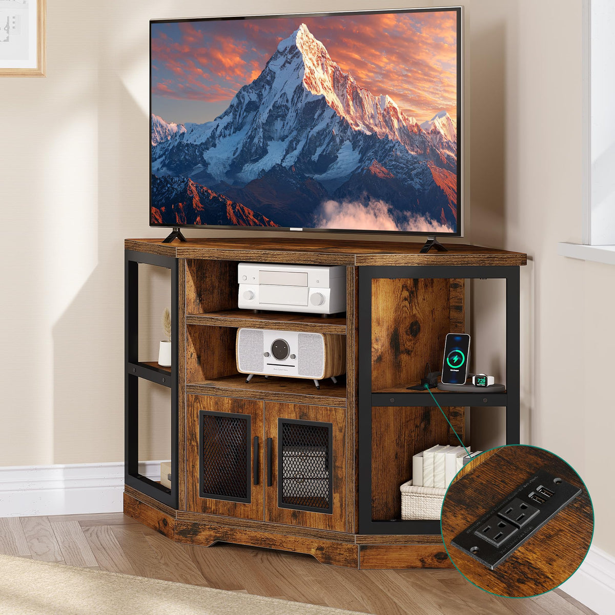 Corner Farmhouse TV Stand with Storage Cabinets Q18829