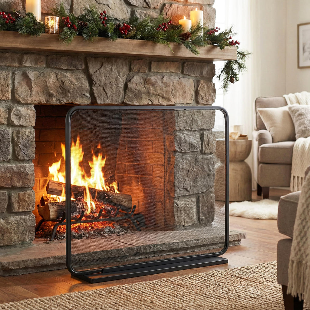 Black Iron Fireplace Screen with Decorative Mesh B752152