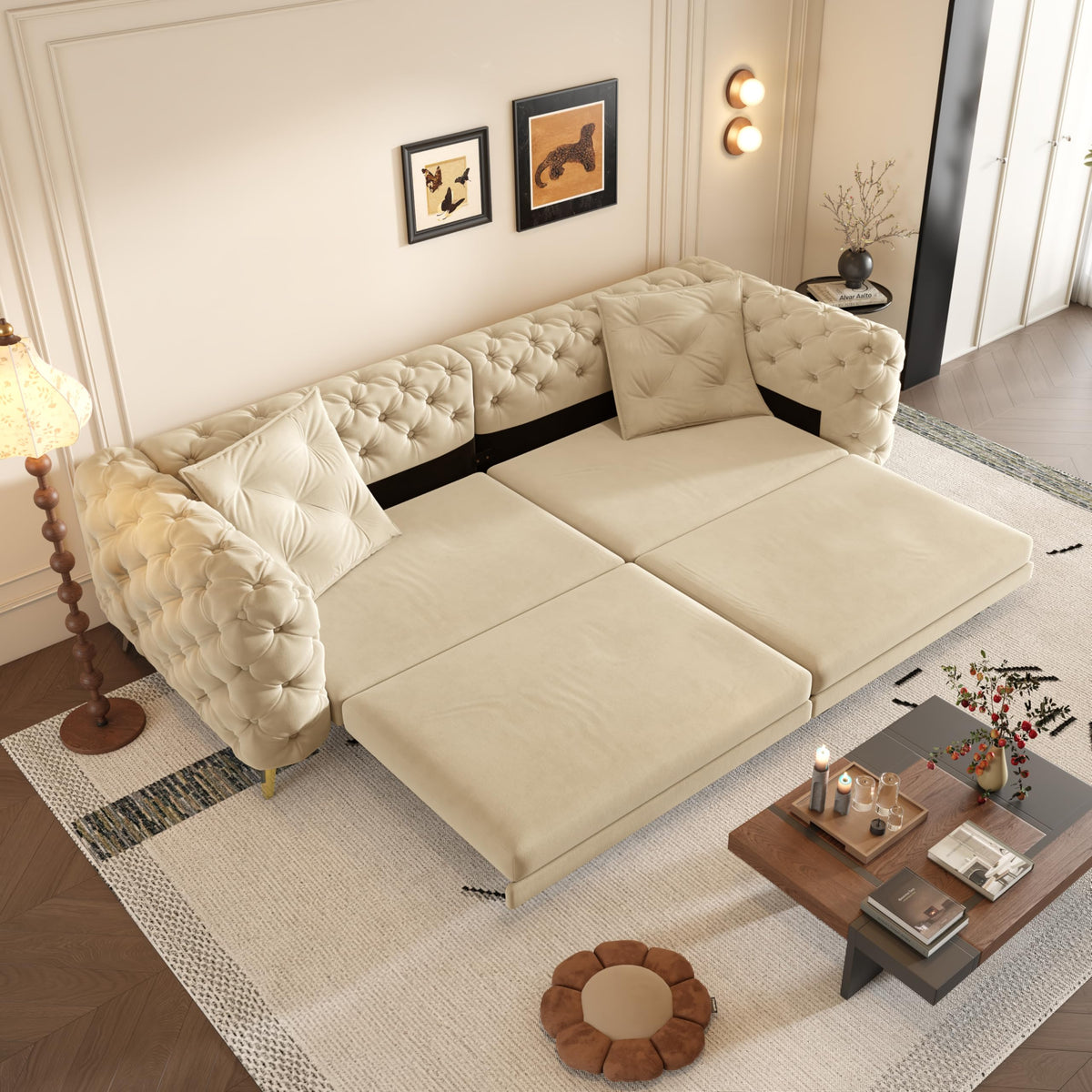 Velvet 3-in-1 Convertible Sleeper Sofa with Movable Ottoman G87098