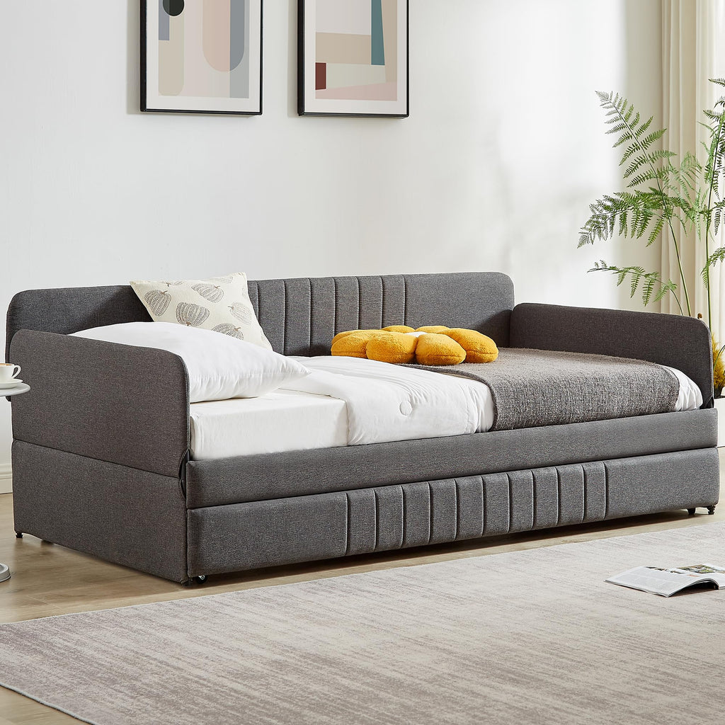 Twin Size Gray Linen Upholstered Daybed with Trundle H21470