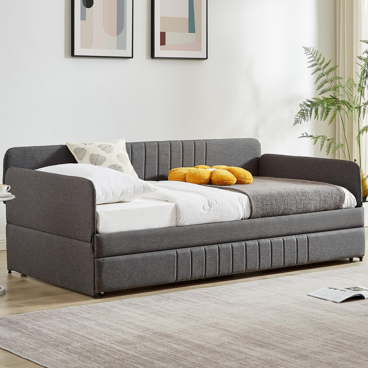 Twin Size Gray Linen Upholstered Daybed with Trundle H21470