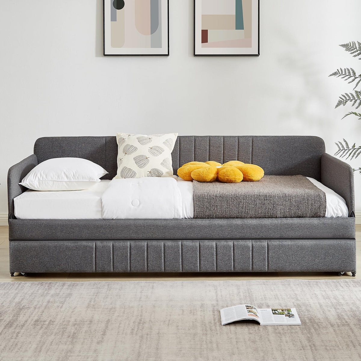 Twin Size Gray Linen Upholstered Daybed with Trundle H21470