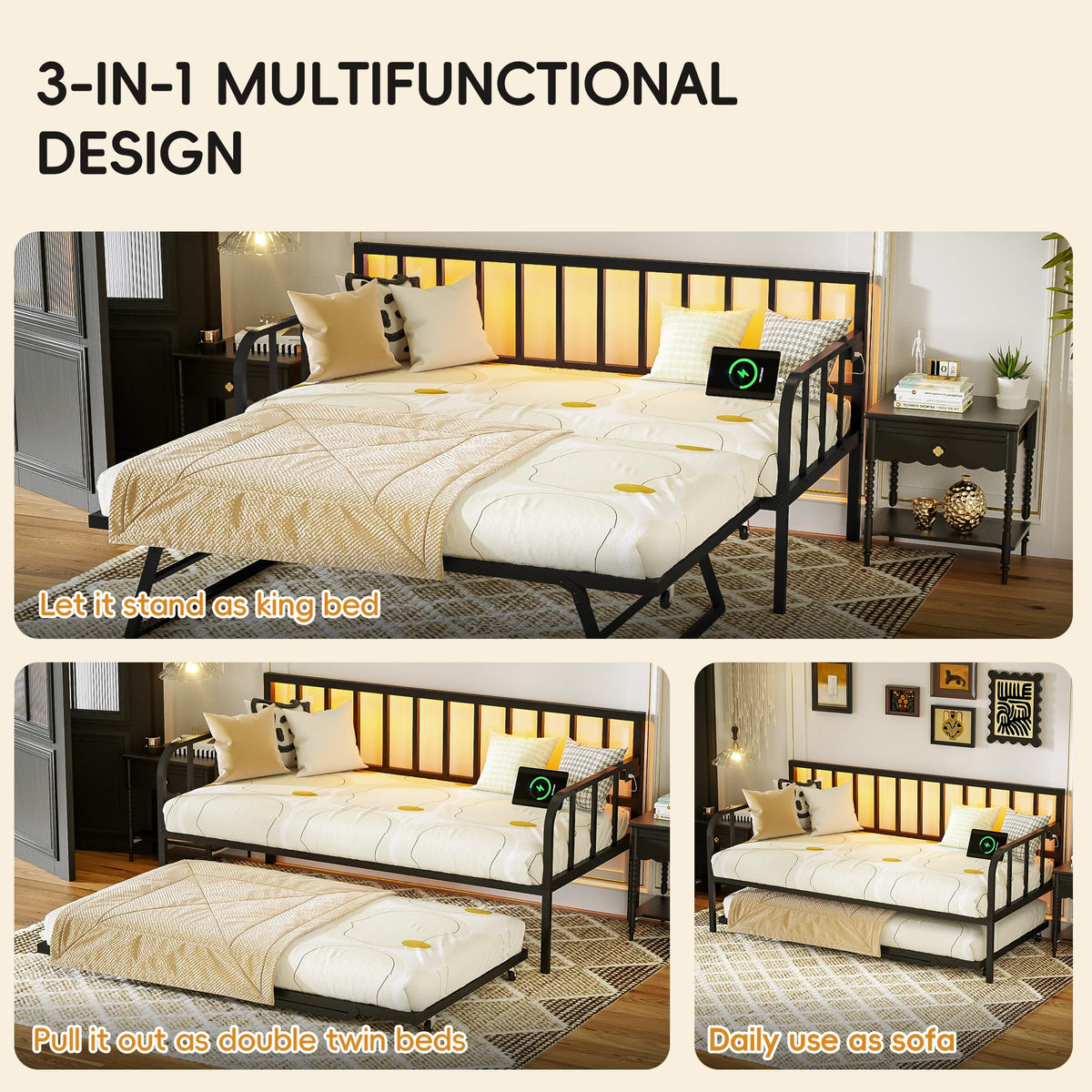 Black Twin to King Metal Daybed with Pop Up Trundle S94512