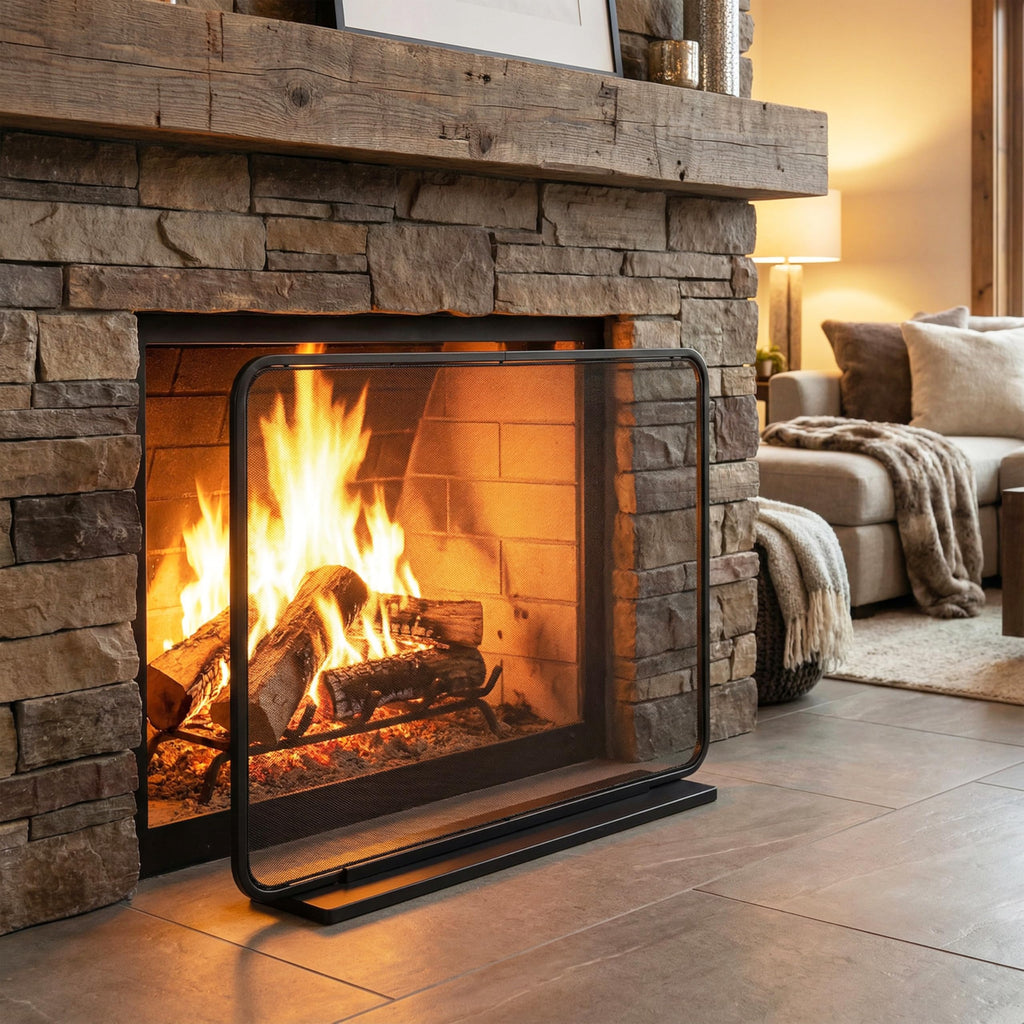 Black Iron Fireplace Screen with Decorative Mesh B752152