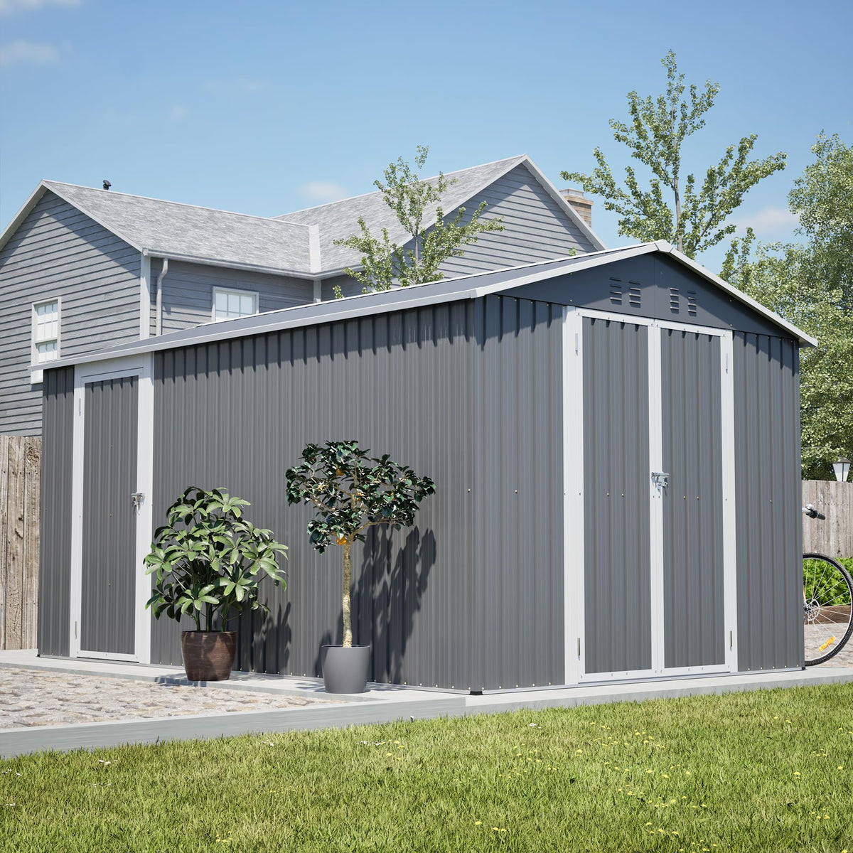 12x8 FT Galvanized Steel Storage Shed with Lockable Doors B7803