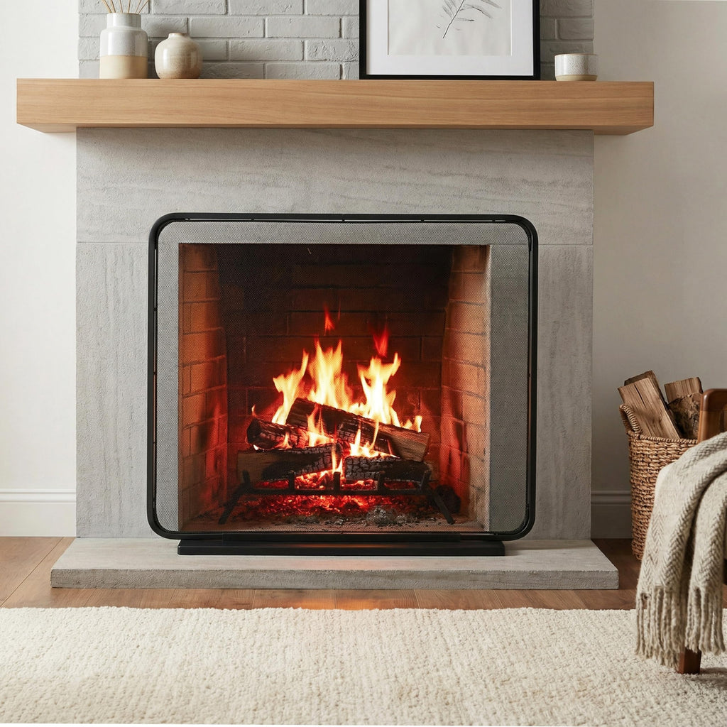 Black Iron Fireplace Screen with Decorative Mesh B752152