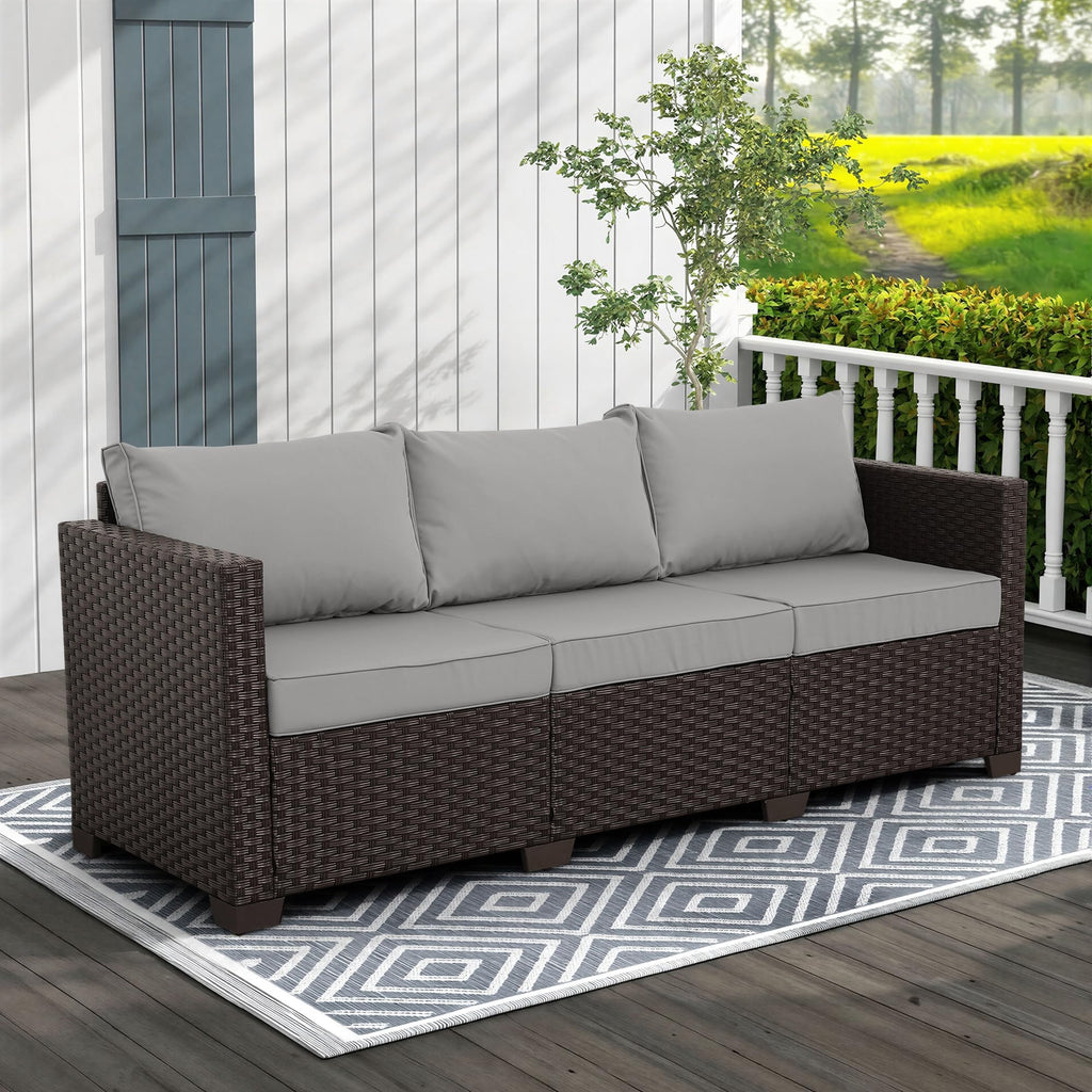 Brown Wicker 3-Seat Outdoor Sofa with Grey Cushion T876890