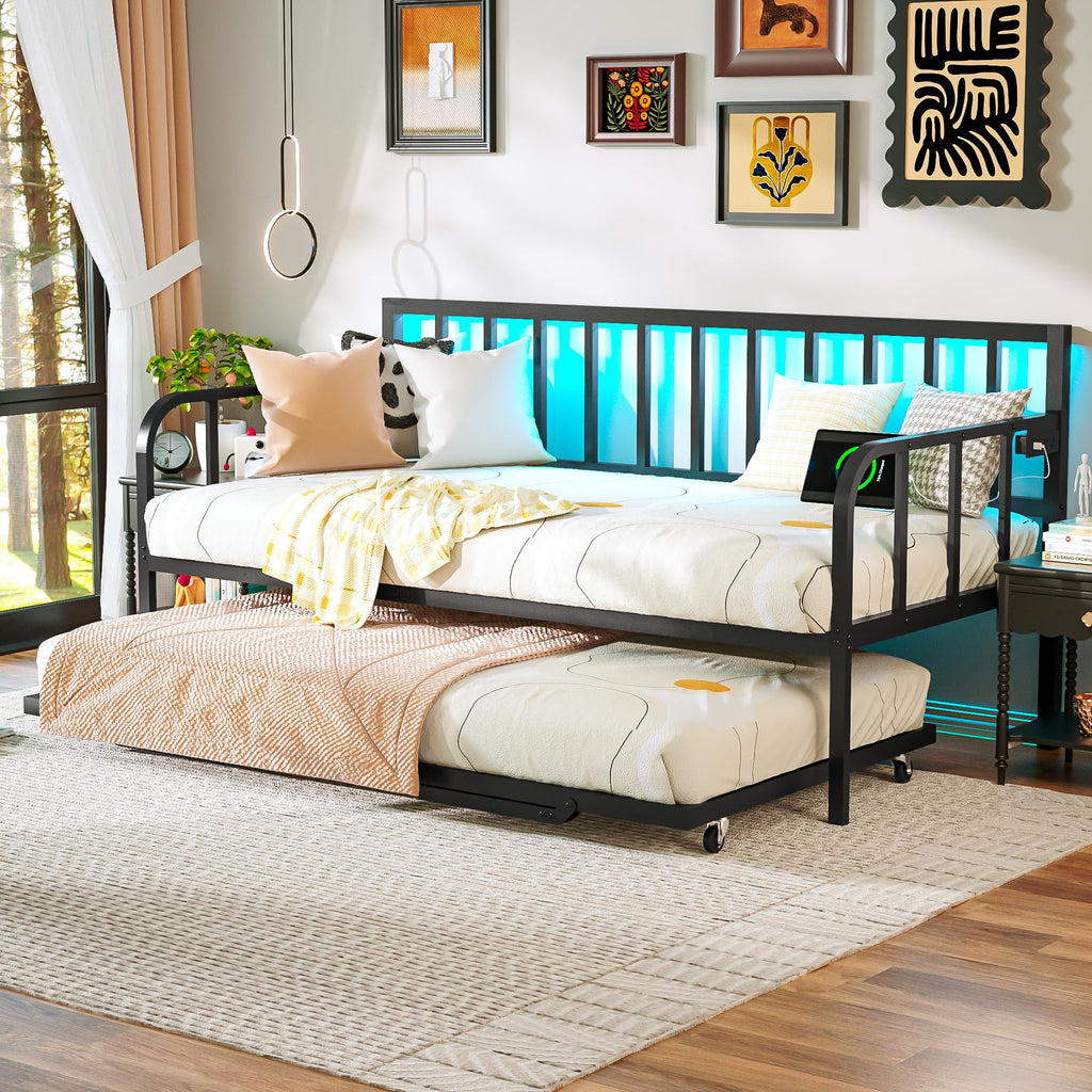 Black Twin to King Metal Daybed with Pop Up Trundle S94512